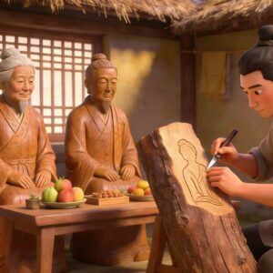 Ding Lan Carves Wooden Statues - Chinese Mengxue Idiom Story Illustration