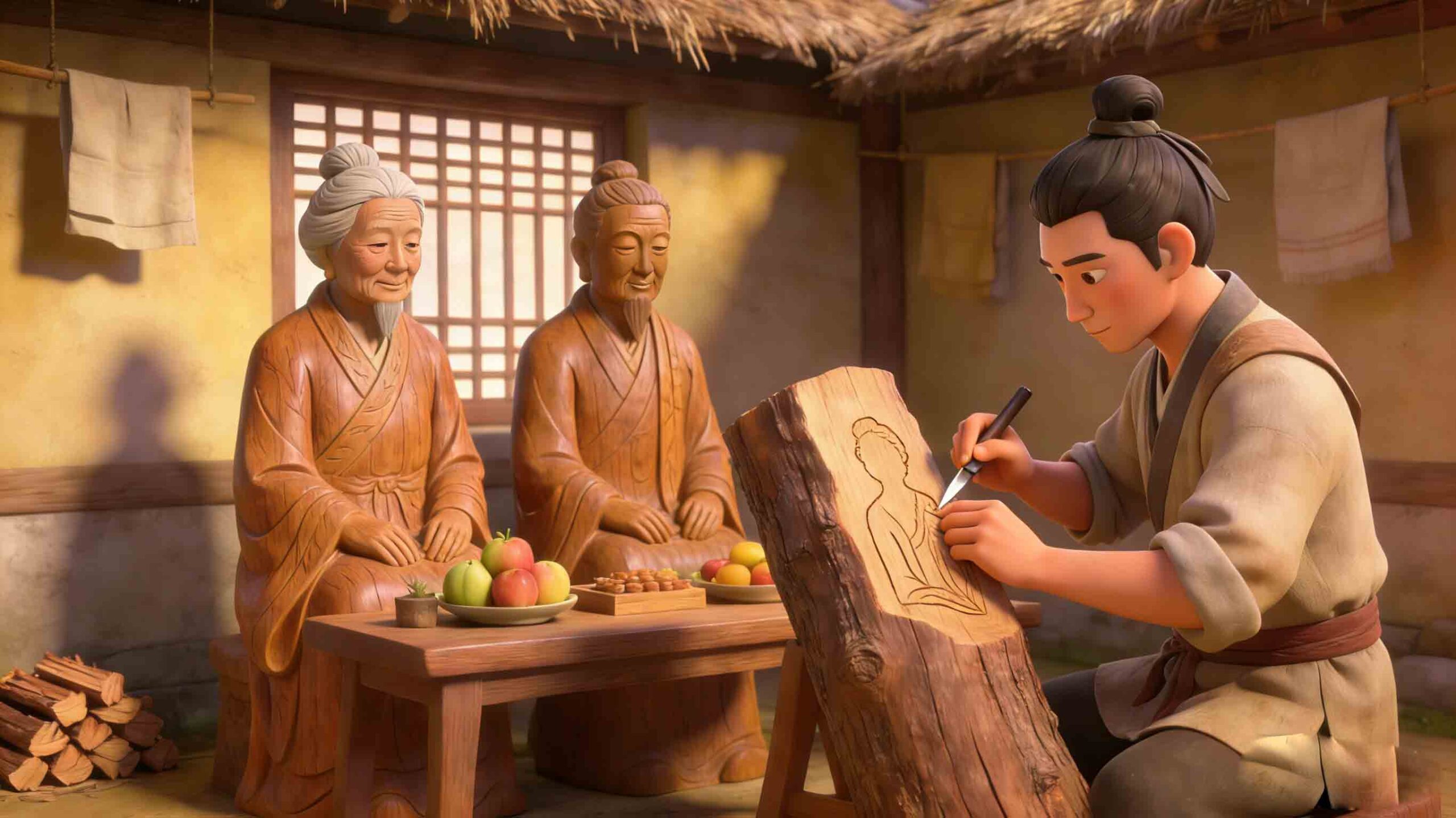 Ding Lan Carves Wooden Statues - Chinese Mengxue Idiom Story Illustration
