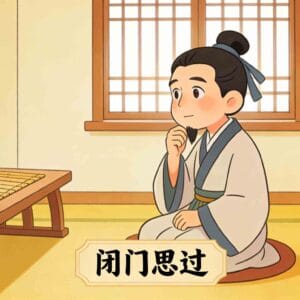 chinese idioms stories for kids - bi men si guo (闭门思过) cartoon illustration