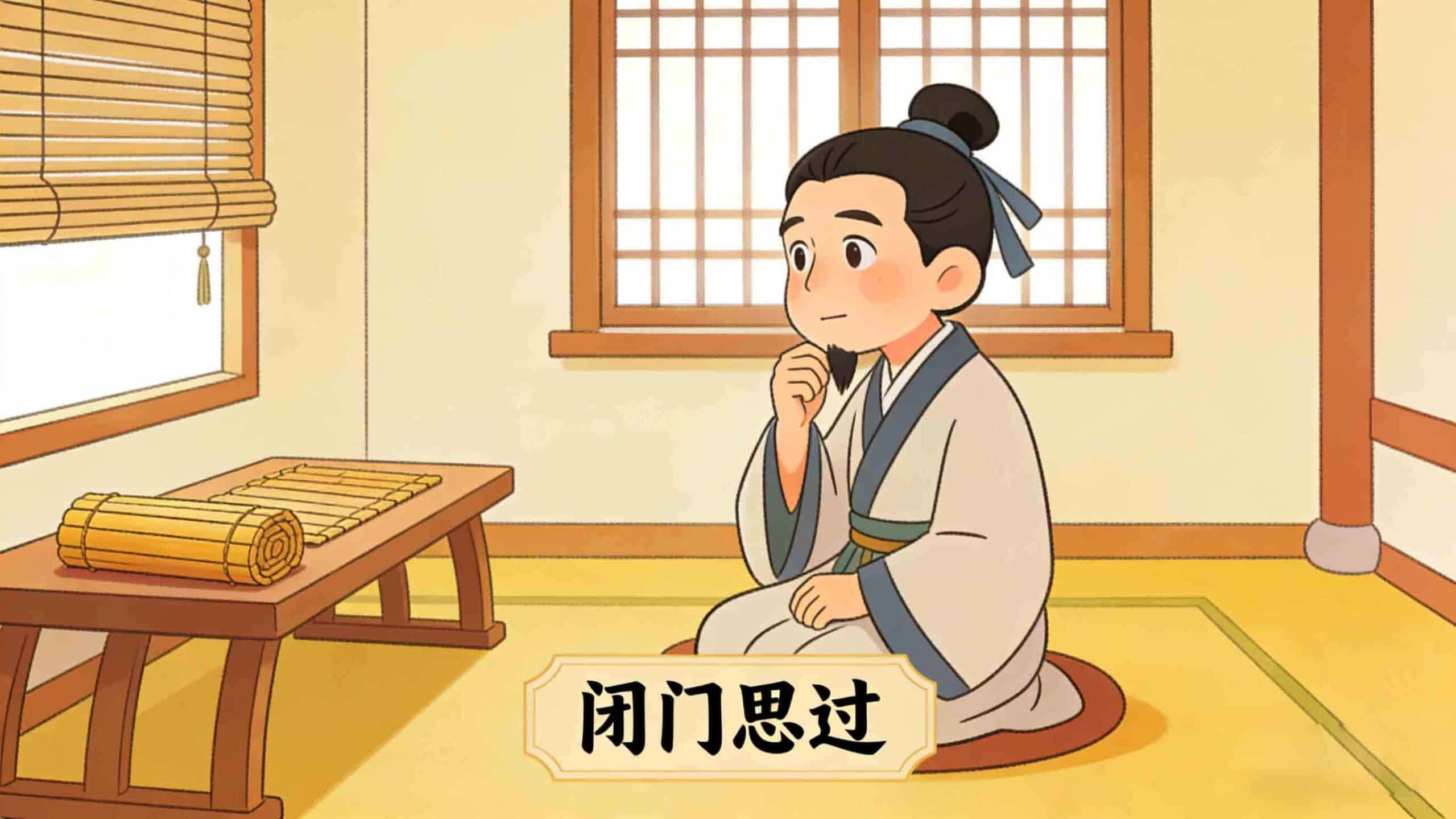 chinese idioms stories for kids - bi men si guo (闭门思过) cartoon illustration