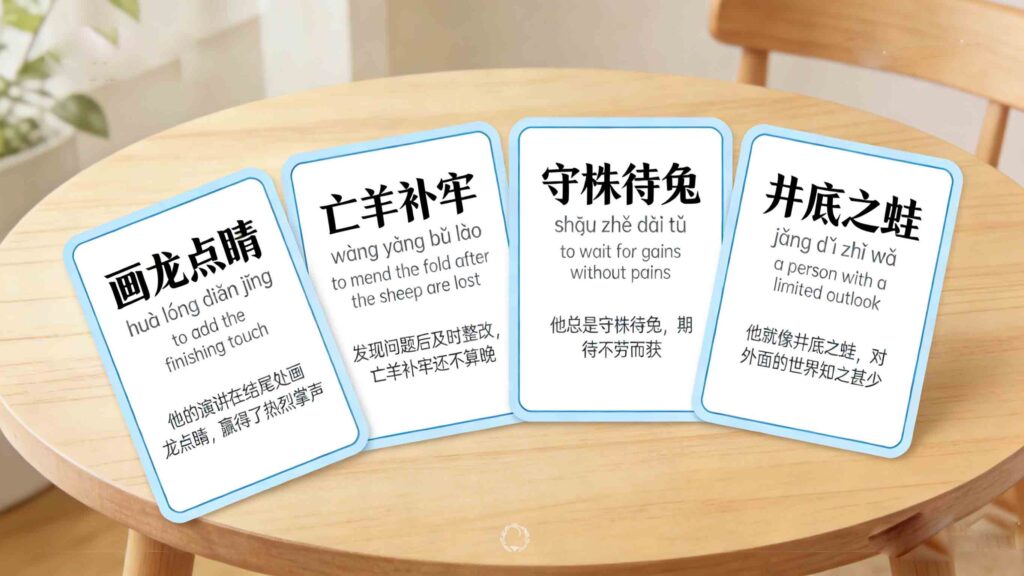 Chinese Idioms Flashcards: Fast, Fun Chengyu Learning on the Go 1 Printable Chinese idioms flashcards set with unique chengyu characters, Pinyin, definitions, and example sentences