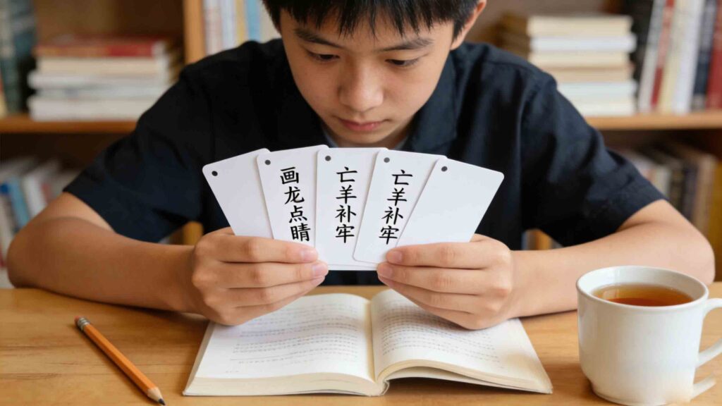 Chinese Idioms Flashcards: Fast, Fun Chengyu Learning on the Go 2 Student practicing with Chinese idioms flashcards in a portable study scene