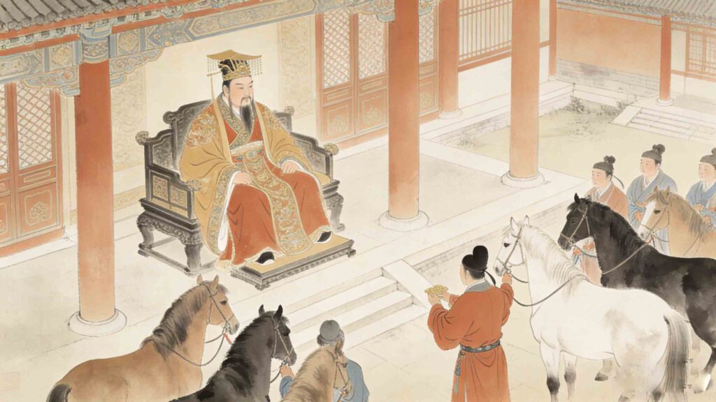 Hai Qun Zhi Ma: The Chinese Idiom for Harmful Group Members 2 3D rendered traditional Chinese palace courtyard, King Xuan of Qi sitting on the throne, officials presenting horses, gentle ink wash color style, serene imperial atmosphere, horizontal 16:9 no text illustration