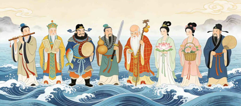 Chinese Idioms with Numbers: 8 Fun Chengyu with Stories 4 Horizontal illustration of the Eight Immortals crossing the sea with their magical items