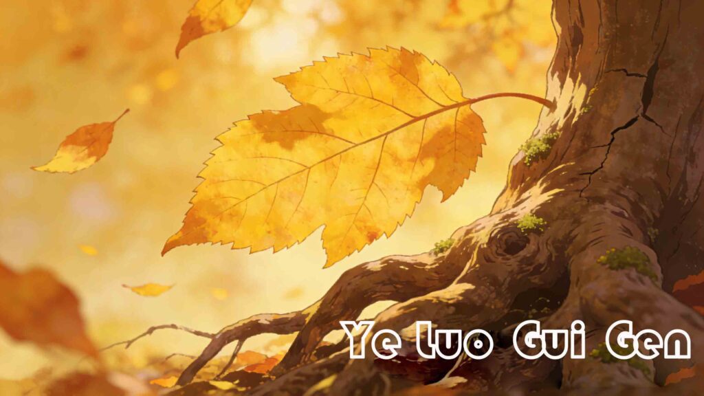 Chinese Idioms About Family: 7 Stories of Filial Piety 3 Artistic illustration of yellow leaves falling back to a tree root, symbolizing the Chinese idiom Ye Luo Gui Gen and family roots