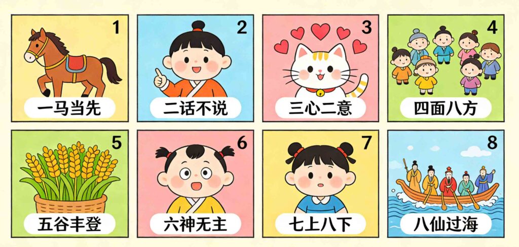 Chinese Idioms with Numbers: 8 Fun Chengyu with Stories 1 Horizontal collage of 8 Chinese idioms with numbers, cartoon illustrations for kids