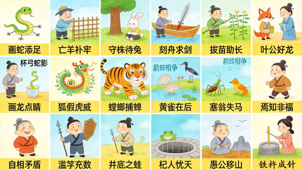 What Are Some Common Chinese Idioms? (20 Essential Phrases) 1 Horizontal collage of 20 common Chinese idioms with cartoon illustrations