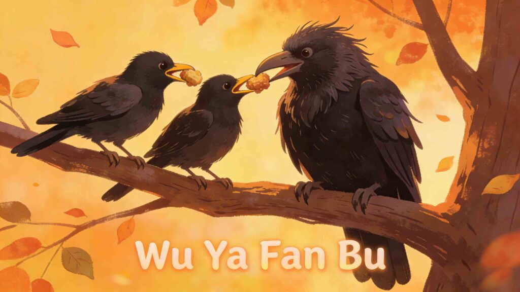 Chinese Idioms About Family: 7 Stories of Filial Piety 1 Warm illustration of young crows feeding their elderly mother crow, depicting the Chinese family idiom Wu Ya Fan Bu