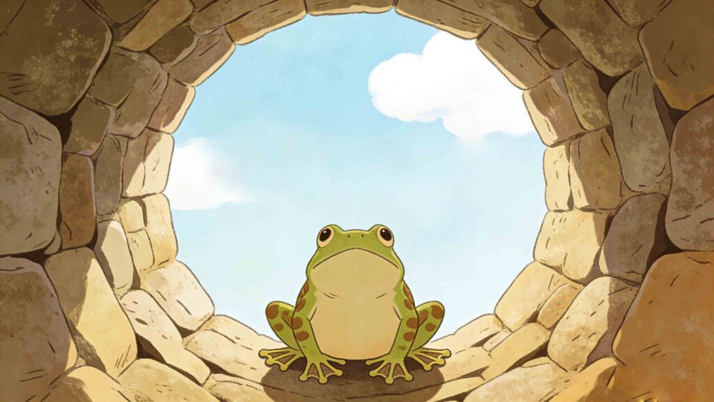 What Are Some Common Chinese Idioms? (20 Essential Phrases) 2 Horizontal illustration of a frog in a well, representing the idiom Jǐng Dǐ Zhī Wā