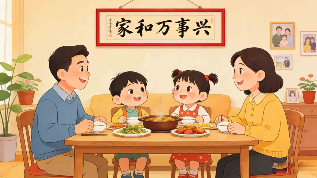 Chinese Idioms About Family: 7 Stories of Filial Piety 2 Horizontal warm cartoon of a harmonious Chinese family, representing the idiom Jia He Wan Shi Xing