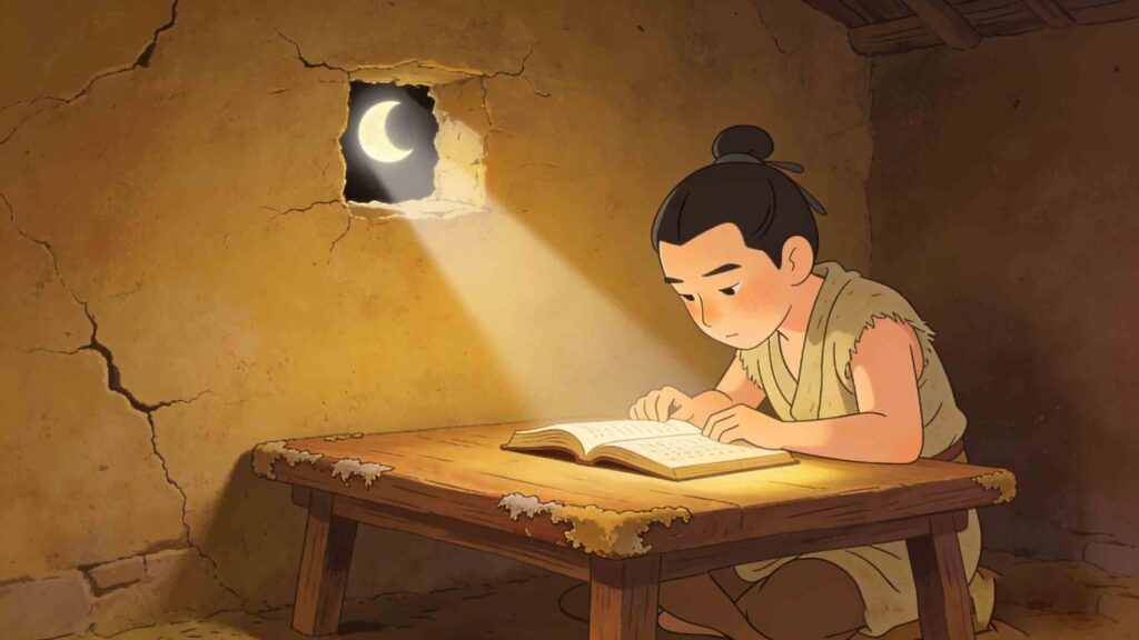 Kuang Heng Bore a Hole: The Story of "Bore a Hole on the Wall to Steal Light" 1 Kuang Heng reading by the light through a hole in the wall, horizontal ancient Chinese style illustration