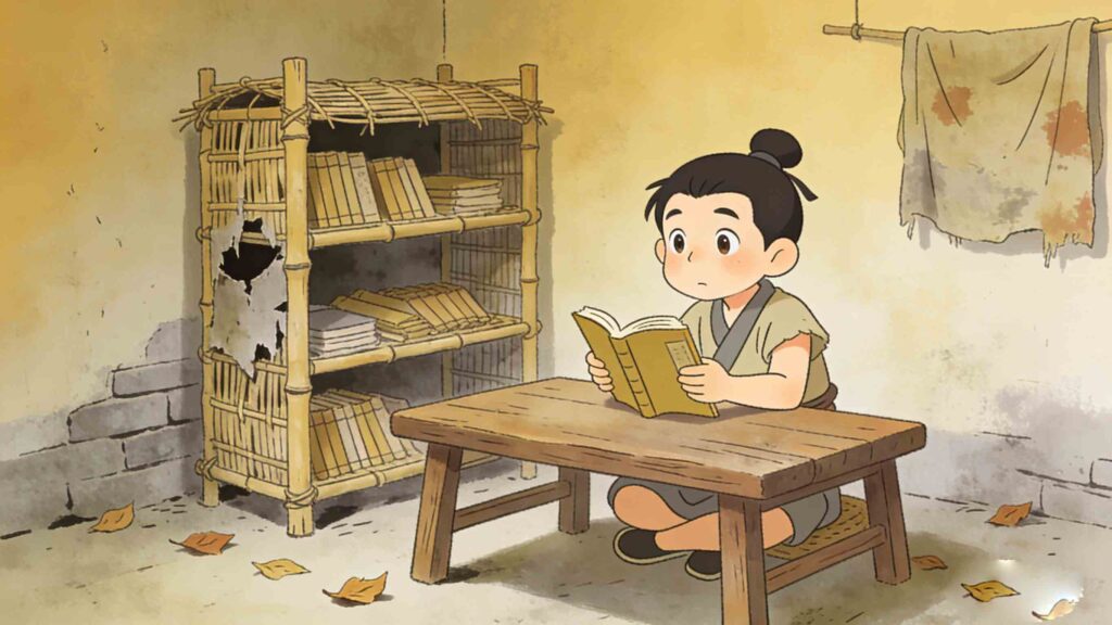 Kuang Heng Bore a Hole: The Story of "Bore a Hole on the Wall to Steal Light" 2 Kuang Heng studying in his simple poor home, horizontal cartoon for students