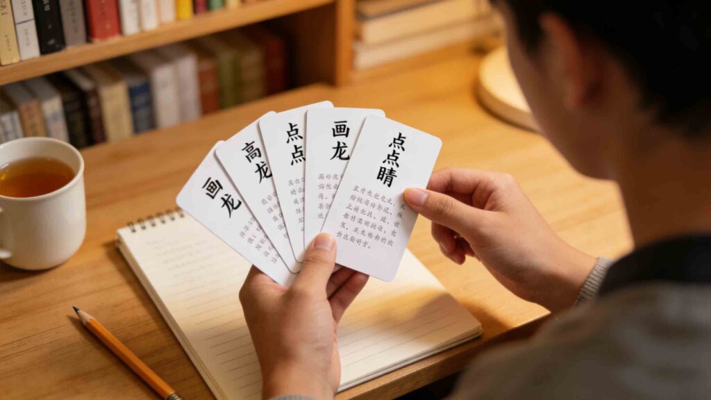 What Are Chinese Idioms? (Chengyu) – Meaning, History & Stories 3 Learning Chinese idioms after knowing what are Chinese idioms - student using chengyu flashcards
