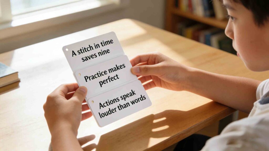 What Are Famous Chinese Sayings? (10 Proverbs with Stories) 3 Learning famous Chinese sayings after knowing what are famous Chinese sayings - student using proverb flashcards