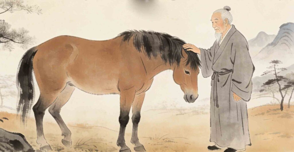What Are Some Common Chinese Idioms? (20 Essential Phrases) 3 Horizontal illustration of the old man and his horse, showing the idiom Sài Wēng Shī Mǎ