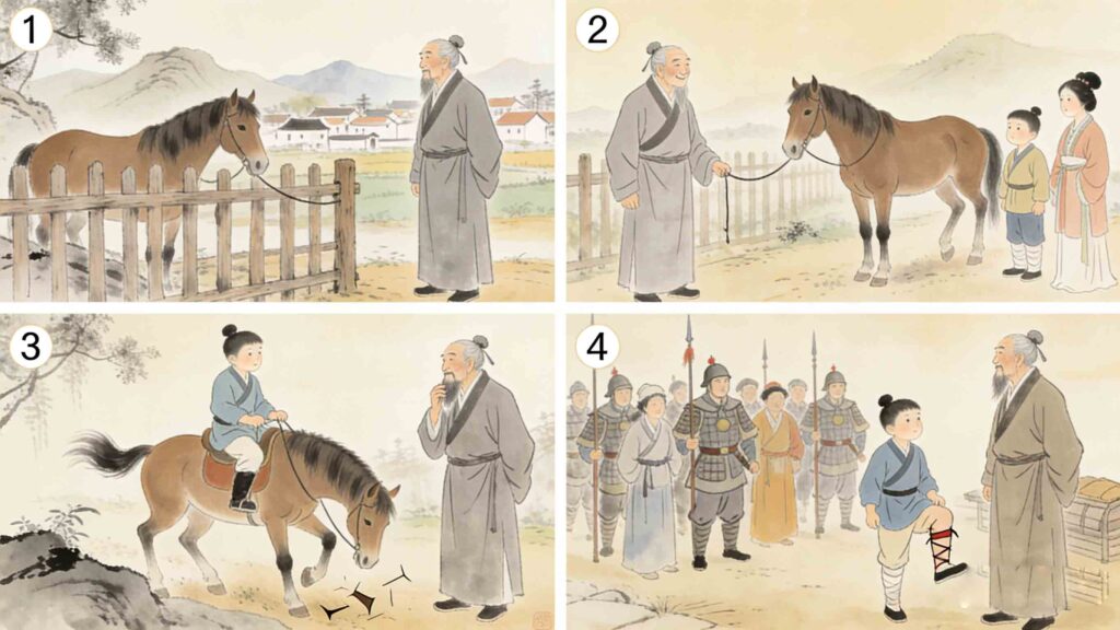What Are Famous Chinese Sayings? (10 Proverbs with Stories) 2 What are famous Chinese sayings - illustration of the classic Sai Weng Shi Ma proverb story