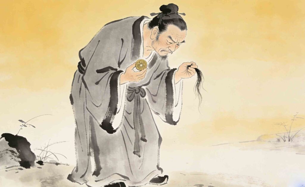 Chinese Idioms with Numbers: 8 Fun Chengyu with Stories 2 Horizontal illustration of a stingy man holding a single coin and hair, ancient Chinese style
