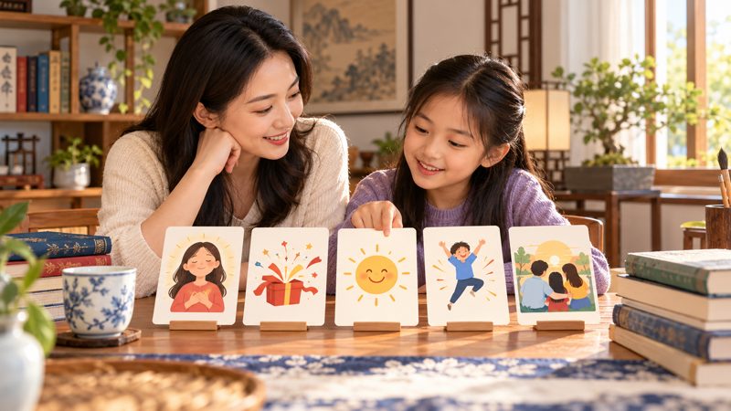 Family comparing picture cards that show different kinds of happiness in Chinese idioms
