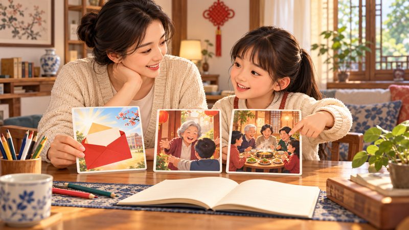 Parent and child sorting picture cards for everyday happiness situations