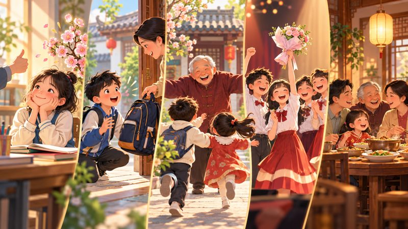 Five everyday scenes comparing inner delight, surprise, smiling, celebration, and shared harmony