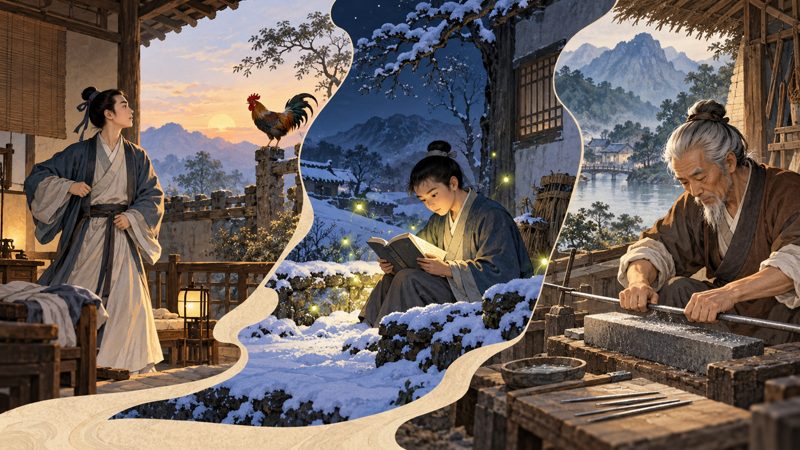 Six historical scenes representing the origins of Chinese diligence idioms