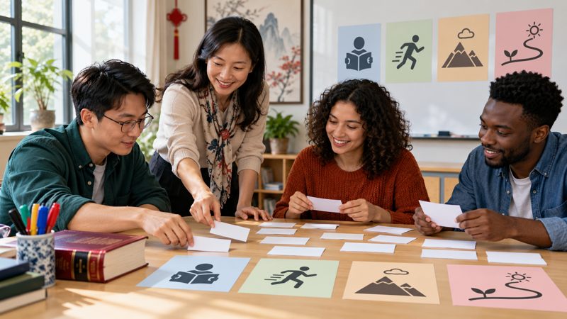 Teacher and learners checking which Chinese idiom fits each modern situation