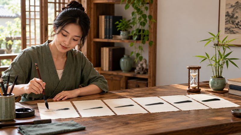 Chinese Idioms About Patience Compared: 6 Meanings and Contexts 2 Adult learner repeats an ink-brush stroke beside an hourglass and bamboo plant