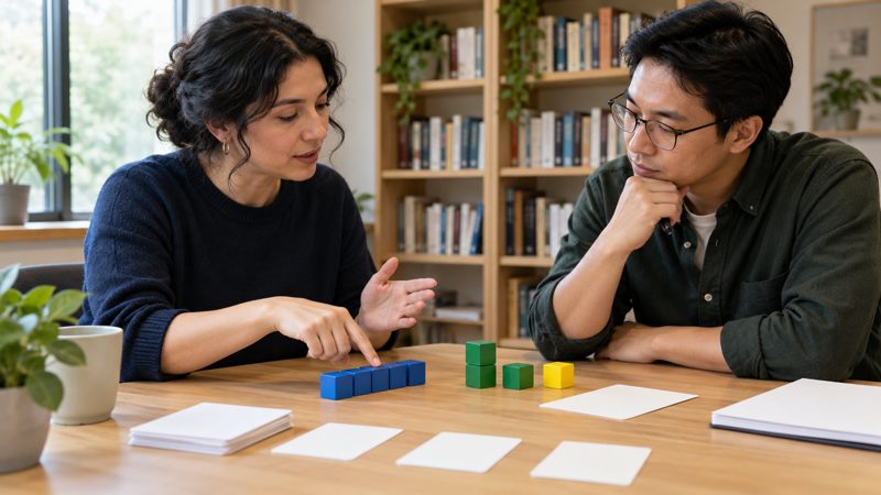 Chinese Idioms About Patience Compared: 6 Meanings and Contexts 3 Adult tutor patiently explains a concept with colored blocks and blank cards