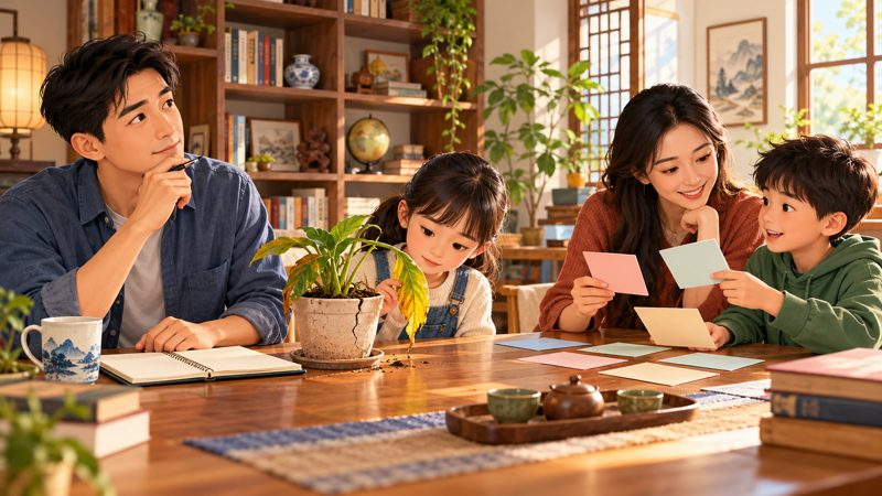 Chinese Idioms About Wisdom: Compare Meanings and Uses 2 Family considering choices beside a notebook, a cracked plant pot and blank idea cards