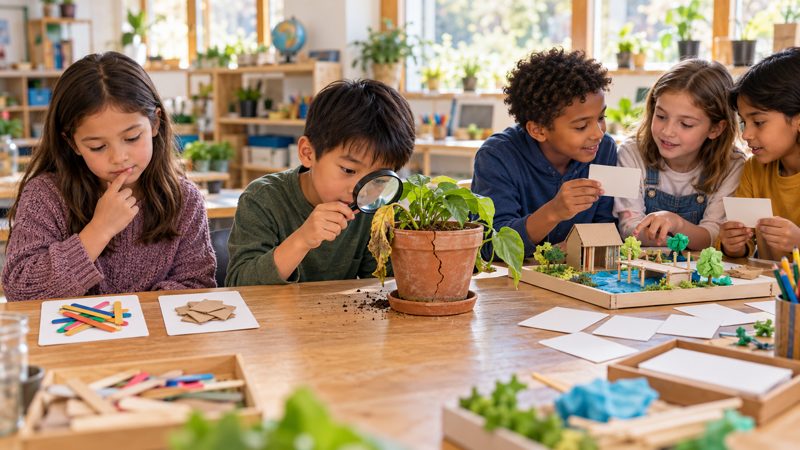 Children considering craft choices, inspecting a potted plant and discussing a shared model