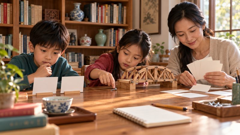 Chinese Idioms About Wisdom: Compare Meanings and Uses 4 Parent and children comparing blank cards and examining a wooden bridge model with a loose screw