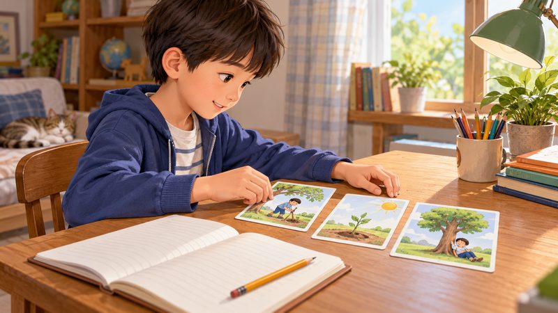 Young learner arranging picture cards beside a notebook and pencil
