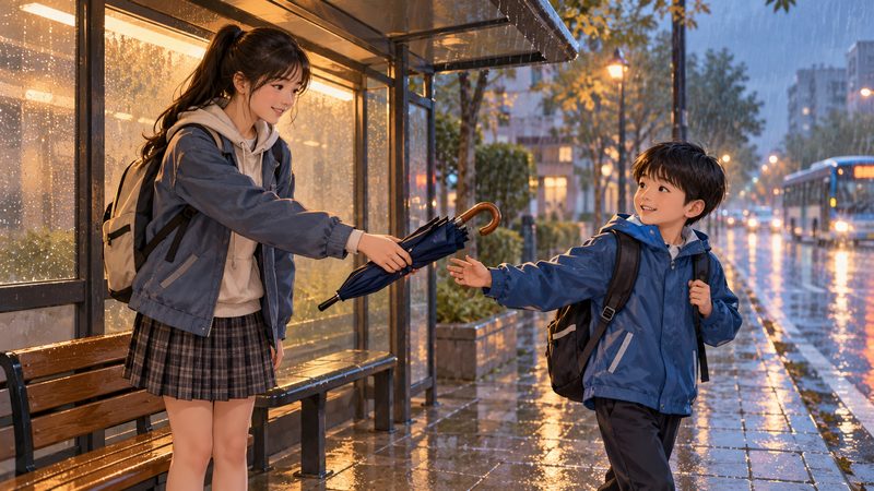 Older sister offering an umbrella to a younger child at a rainy bus stop