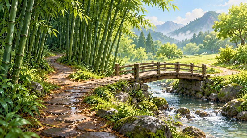 A winding bamboo-lined path opening onto a small wooden bridge