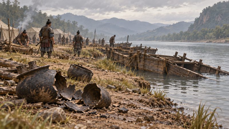 An imagined ancient riverside camp with wooden boats and broken cooking vessels