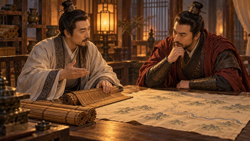 An imagined ancient military discussion with bamboo writing slips and a campaign map