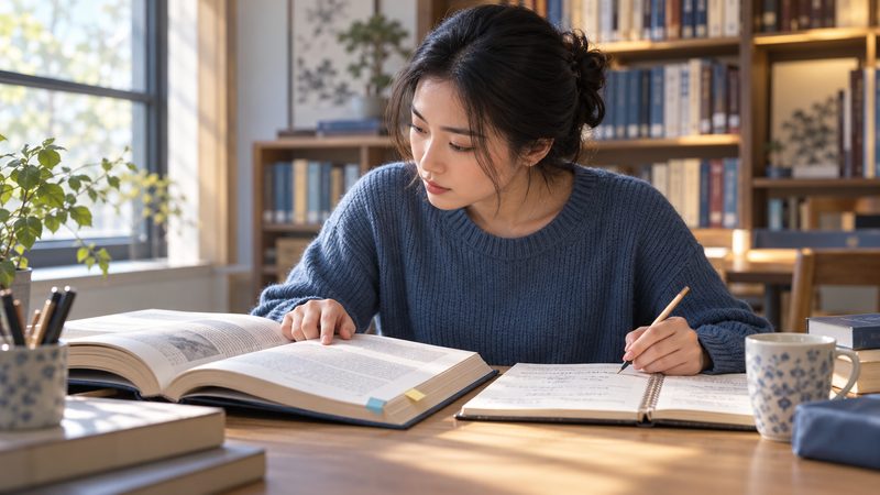 An adult learner comparing a printed passage with handwritten study notes at a desk