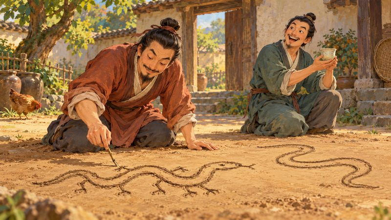 An illustrated adult adds small feet to a snake drawn on the ground while another contestant holds the prize cup
