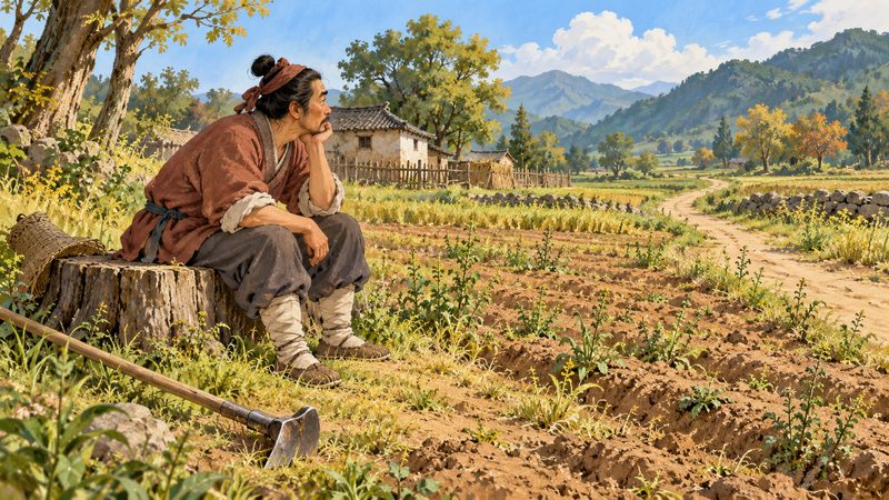 An illustrated farmer waits beside a tree stump while a hoe lies unused and the field remains untended