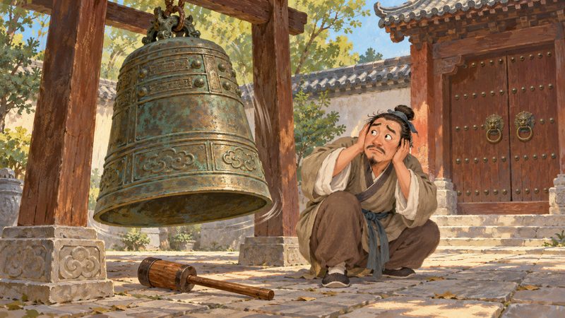 An illustrated adult covers both ears beside a large bronze bell with a mallet lying on the ground