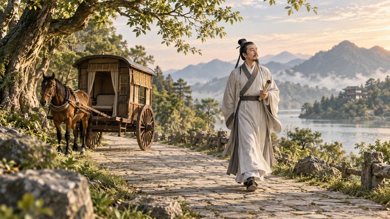Ancient scholar calmly walks while a carriage passes nearby