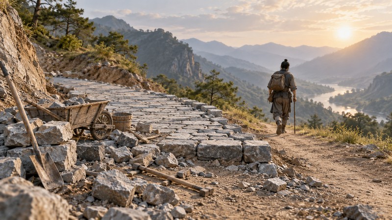 Traveler abandons an unfinished road halfway through construction