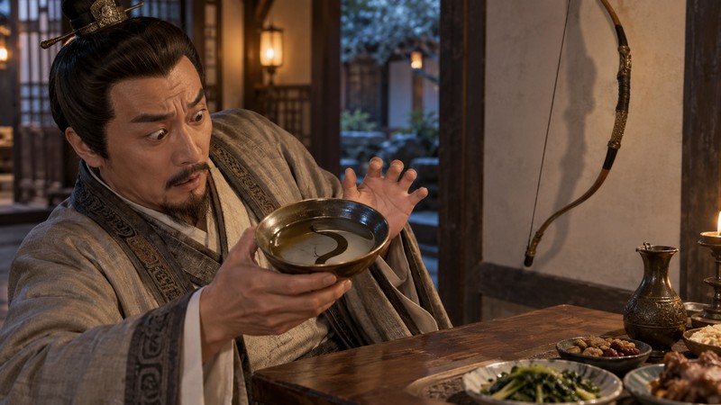Bei Gong She Ying Meaning: Story, Pinyin, and Modern Examples 2 Startled guest holds a cup with a curved reflection while a bow hangs nearby