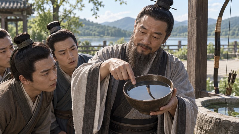 Bei Gong She Ying Meaning: Story, Pinyin, and Modern Examples 3 Man points to a reflected bow shape in a bowl as listeners lean closer