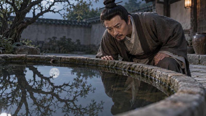 Bei Gong She Ying Meaning: Story, Pinyin, and Modern Examples 4 Man leans over a pool to examine the reflections on its surface