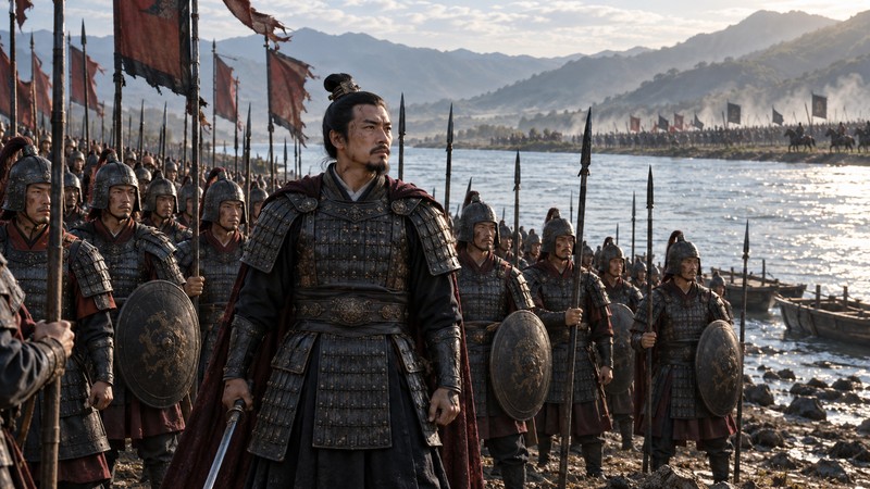 Ancient troops stand with a river directly behind them before battle