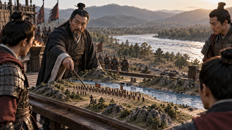 Commander uses a terrain model to explain the river-backed formation