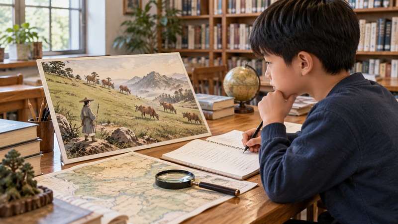 Cao Mu Jie Bing Meaning: Story, Pinyin, and Modern Examples 3 Student compares an illustrated hillside with notes and a map to separate evidence from assumption