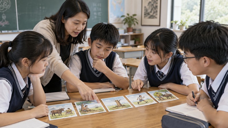 How to Run Chinese Idiom Classroom Activities With Source Checks 2 Students arrange illustrated idiom story scenes into chronological order