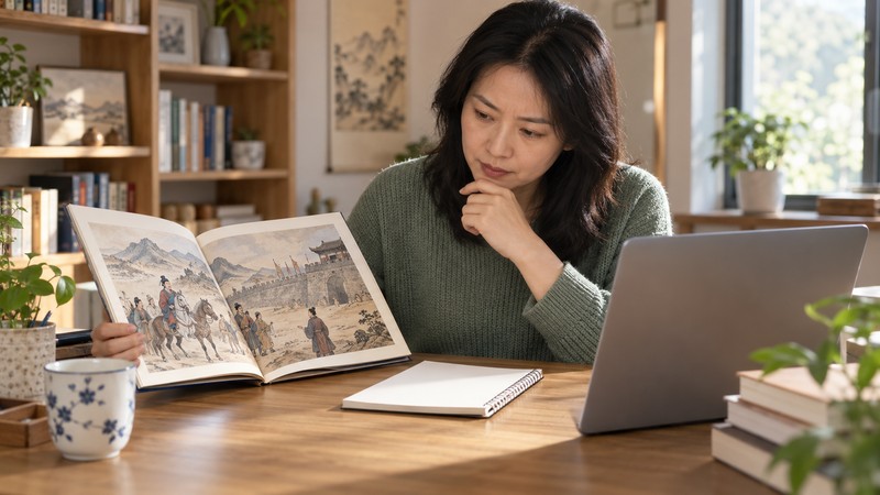How to Study Chinese Idiom Examples for Adult Learners 2 Adult learner studies a historical idiom scene with an illustrated reference book